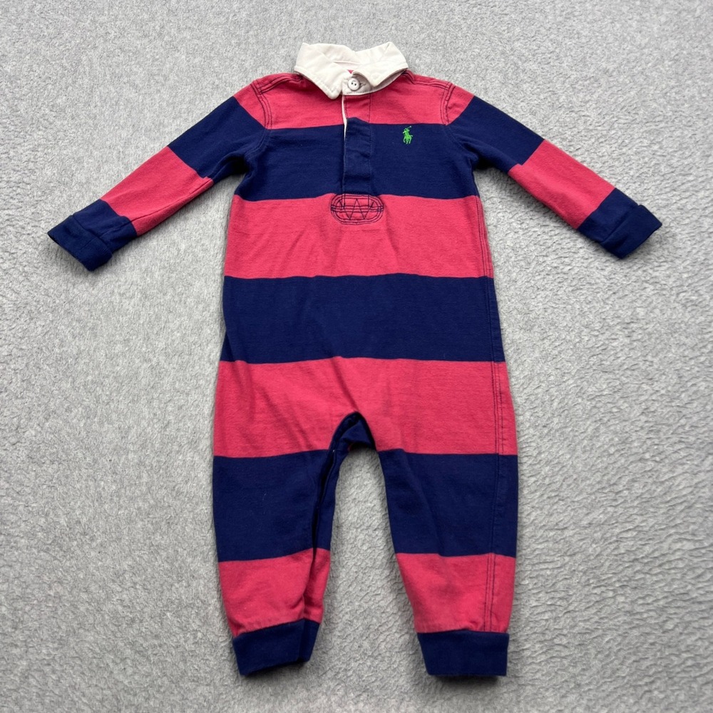 Ralph Lauren Rugby Romper Baby 9M Blue Striped Long Sleeve Pony Logo One Piece